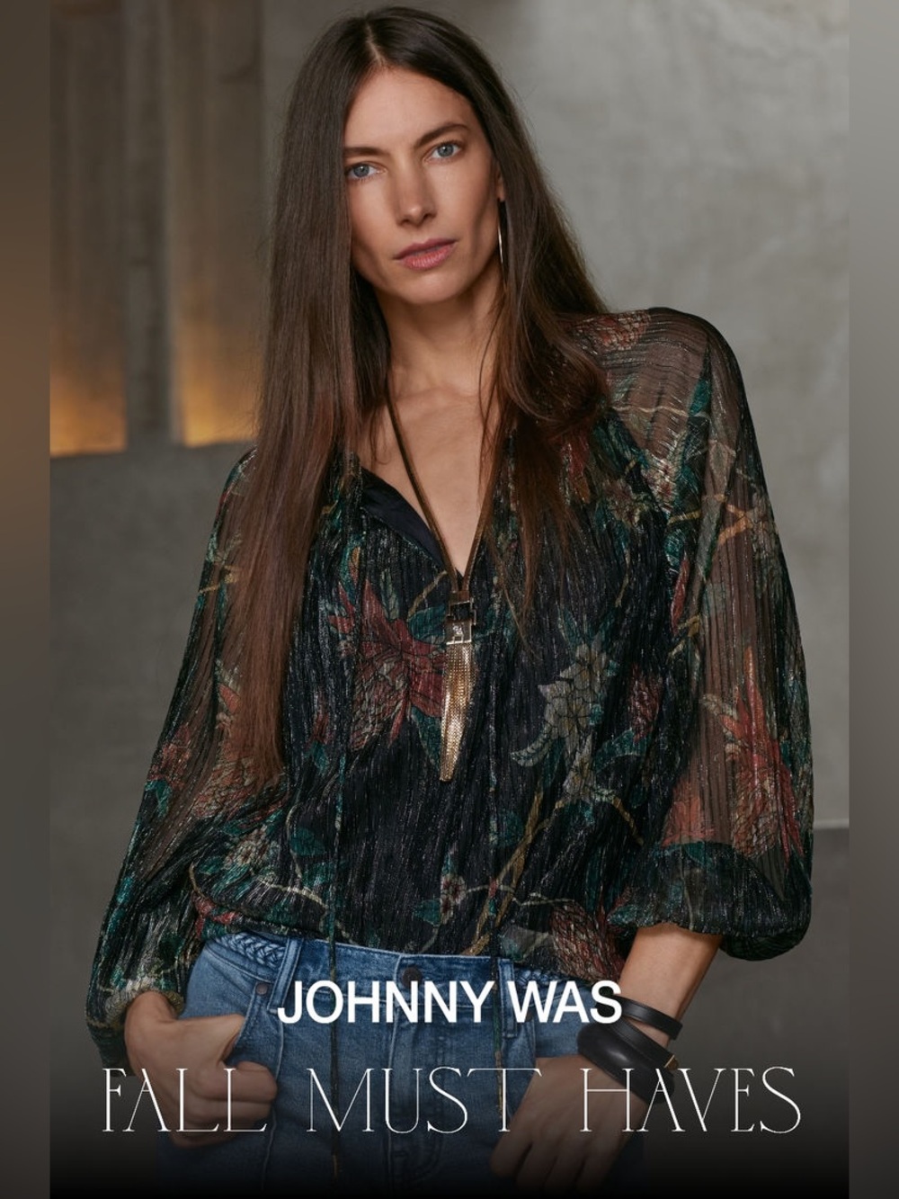 Johnny Was Evangelina Metallic Floral Print Chiffon Blouse Size XS